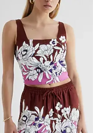 NWT Express square neck Floral Crop Top XS Burgundy Square Neck Sleeveless‎ thumbnail 1