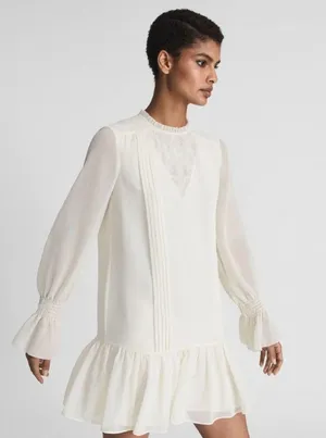 NWT Reiss Esme Shift Mini Dress Long Sleeve Ivory Size 2 Relaxed Fit Victorian thumbnail 5