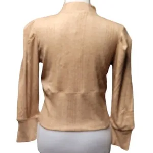 Ribbed Mock Neck Top Womens Puff Shoulder Camel‎ Tan Fall Layering New Size M thumbnail 2