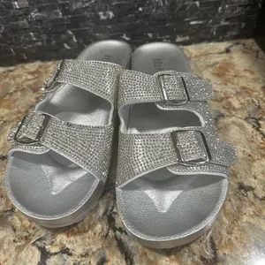 H2K Espen Silver Glitter Double Buckle Adjustable Comfort Size 9 Slides Sandal thumbnail 2