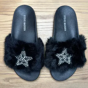 Steve Madden Black Faux Fur Shimmer Embellished Star Slide Sandals thumbnail 4
