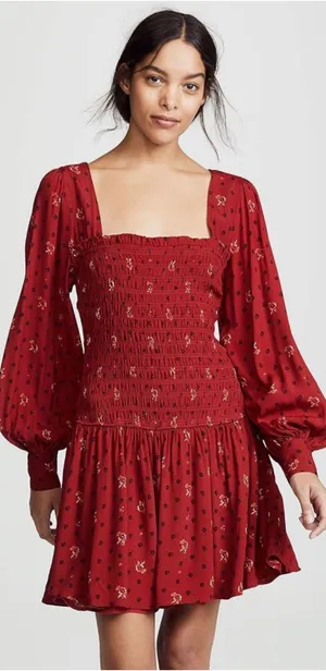 Free People Dress Two Faces Mini Ruched Bodice Long Sleeve Boho Ruby Red S thumbnail 1