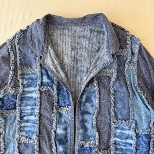 Handmade Patchwork Jacket Women L Blue Quilted Rag Style Artisan Boho Chore Coat thumbnail 7