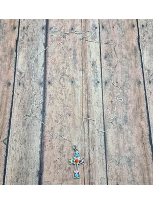 925 Sterling Silver Box Chain Pendant Necklace Dainty 30" Colorful Crystal Cross thumbnail 7