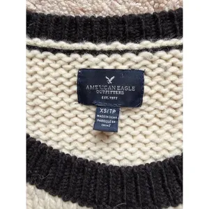 American Eagle Fair Isle Chunky Cable Knit Wool Blend Sweater Cream Black XS thumbnail 3
