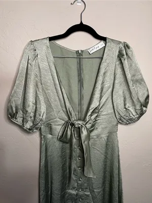 Petal & Pup Piper Sage Green Shiny Tie Front Button Front Midi Dress thumbnail 3