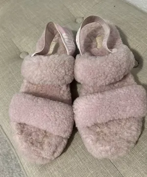 UGG Pink Plush Shearling Slide Sandals with Branded Heel Strap 8 thumbnail 1