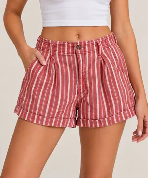 American Eagle Size 10 Red White Striped Linen Blend High Rise Shorts thumbnail 1