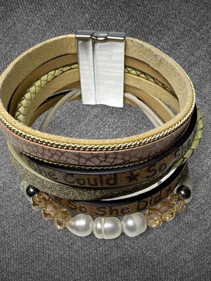 Multi Strand Tan Gold Pearl Statement Wrap Bracelet Brown thumbnail 5