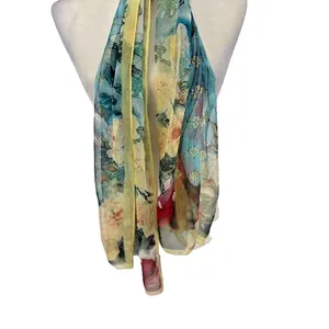 Silk Blend Scarf Asian Geisha Floral Print 66 x 19 Rectangle Art‎ Wall Decor thumbnail 6