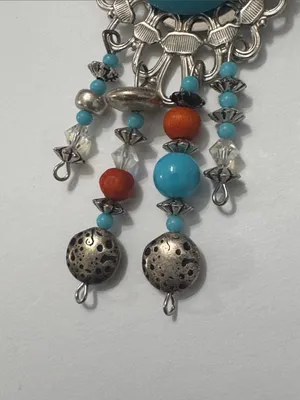 Vintage Turquoise& Coral Dangle Brooch — Silver-Tone Women’s Jewelry thumbnail 4