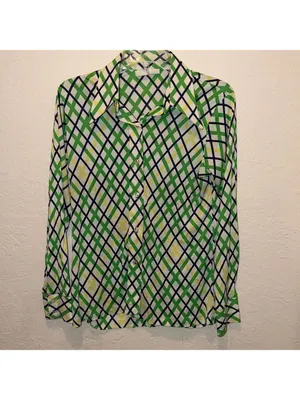 Vintage 70s Green Yellow Checkered Plaid Polyester Shirt thumbnail 2