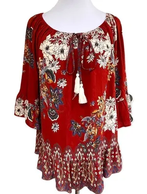 Lola P floral boho bell sleeve ruffle blouse M NWT thumbnail 1