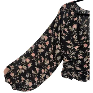 NWT Free‎ People New Final Rose Floral Ruched Cropped Blouse Top Black Sz Medium thumbnail 11