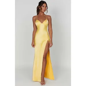 NWT Babyboo Isobel Lemon Yellow Satin Lace Up Back High Slit Maxi Dress Size M thumbnail 6