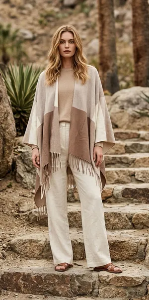 Cashmere - Firenze - Brown and Beige Colorblock Pattern Fringe Scarf thumbnail 1