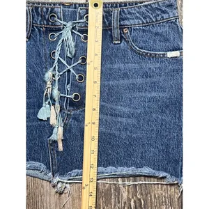 Free People Lace Up Denim‎ Micro Mini Skirt Blue Distressed Raw Hem Size 28 Boho thumbnail 7