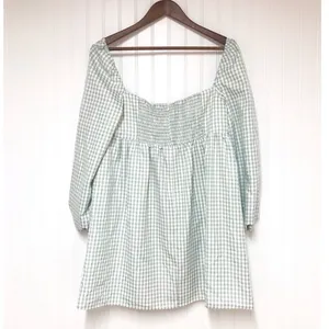 GIANNI BINI Green Gingham Mini‎ Peasant Dress Long Sleeves Low Cut Size 8 New thumbnail 4