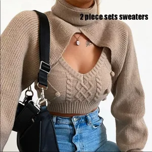 2 piece set winter turtleneck crop sweaters vest backless‎ knitted new ju… thumbnail 1