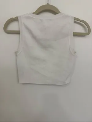 Zara Cream Ribbed Cropped Crew Neck Top Size Small thumbnail 2