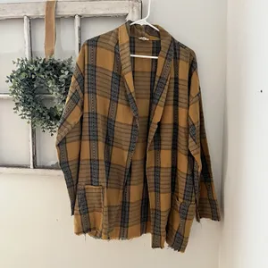 POL Oversized Boho Yellow and Blue Plaid Blazer Jacket Raw Hem Patch Pocket Sz M thumbnail 2