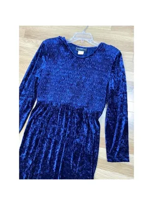 -Y2K Molly Malloy Velvet Maxi Dress Womens 16 Blue Smocked Long Sleeves thumbnail 4