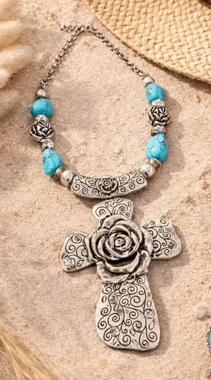Ornate Silver Turquoise Cross Necklace | Western Boho Statement Chunky Religious thumbnail 1