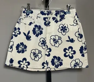 Playboy x PacSun Size 24 White & Navy Denim Jean Floral Mini Skirt thumbnail 1