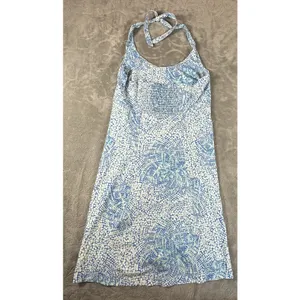 Columbia PFG Halter Dress Medium Blue Aqua Print Smocked Back Beach Sundress thumbnail 4