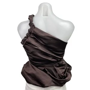 Womens Brown Satin Asymmetric Twisted One Shoulder Ruched Sleeveless Tank Top XS thumbnail 3