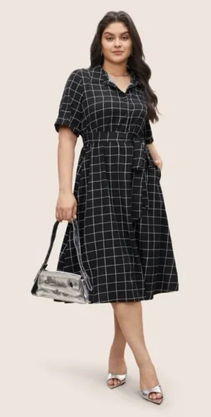 NWT BloomChic Black Windowpane Midi Shirt Dress with Tie Waist thumbnail 1