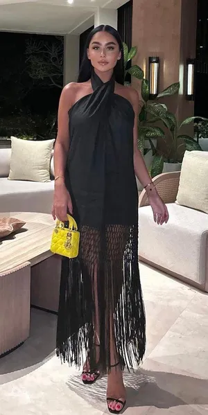 ZARA dress midi black halter neck linen fringed fringes boho thumbnail 11