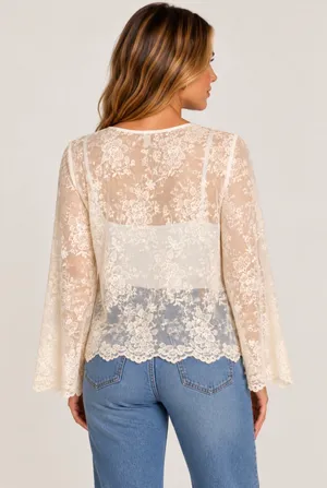 Karen Kane Ivory Floral Lace Sheer Long Sleeve Top thumbnail 3