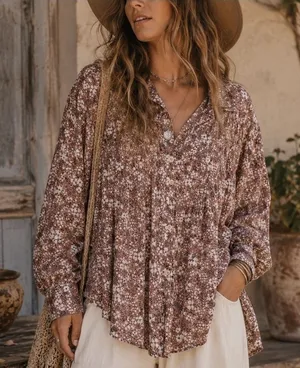 Anthropologie Pilcro L Button Down Pintuck Ditsy Floral Relaxed Top Mauve Pink thumbnail 1