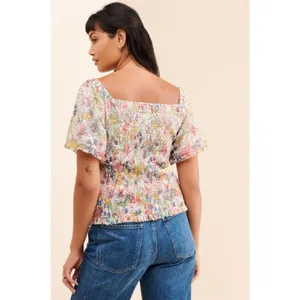 Anthropologie Aurelia Smocked Top Floral Cream Size M Balloon Sleeve Ruching thumbnail 3
