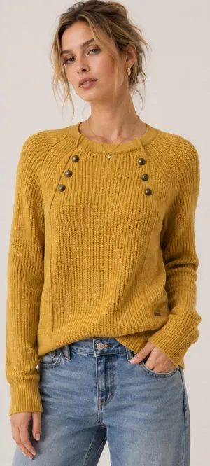 Abercrombie & Fitch Mustard Yellow Ribbed Crewneck Sweater with Button Detail thumbnail 1