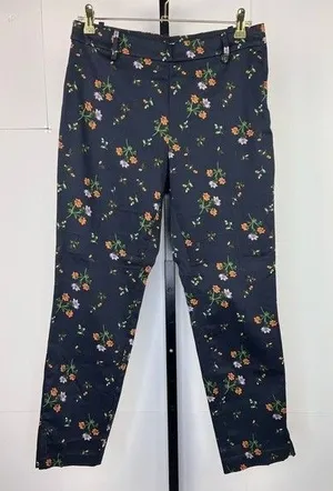 H&M Cigarette Trousers Floral Pants Womens 12 Black Stretch Slim Straight Ankle thumbnail 1