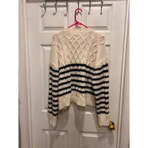 American Eagle Women L Cream Black Striped Cable‎ Knit Crew Neck Sweater Relaxed thumbnail 5