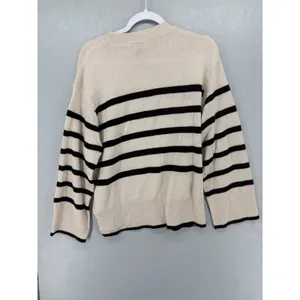 H&M Divided Women Sweater Cream Black Striped Nautical Knit Medium‎ thumbnail 3