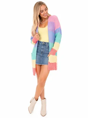ZESICA XL Pastel Rainbow Colorblock Long Open Front Knit Cardigan Pockets thumbnail 7