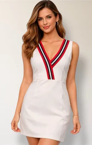 NWT English Factory Anthropologie L Beige Sleeveless Dress Varsity‎ Stripe Retro thumbnail 1