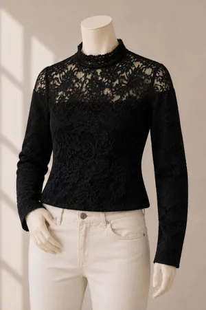 Abercrombie & Fitch Black Sheer High Neck Lace Blouse Large thumbnail 1