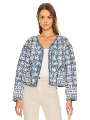 NWT Free People Kara Quilted Cardi Jacket in Pacific Combo Open Front S thumbnail 1