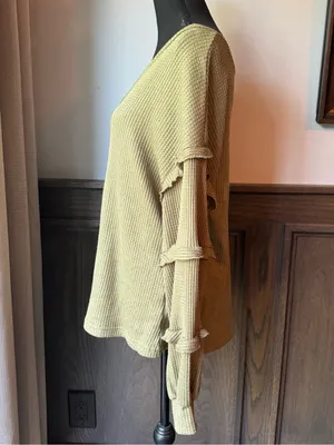 BTFBM Ruffled Sleeve V-Neck Knit Top — Olive large thumbnail 3