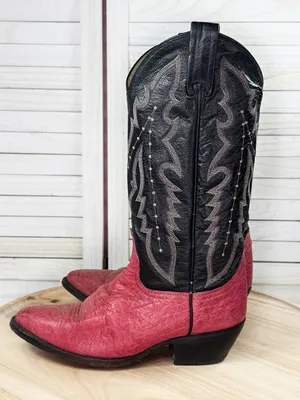 Vintage Dan Post Ostrich Leather Stitched Upper Cowgirl Boots Pink Black‎ 7.5 thumbnail 3