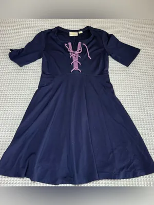 Maeve XSmall Mini Dress Navy Blue Lace Up Square Neck Pockets Skater Corset thumbnail 2