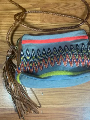 Tory Burch Gray Canvas Crossbody with Multicolor Zigzag Embroidery thumbnail 2
