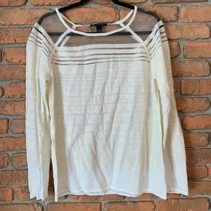 INC International Concepts Sheer Stripe Long Sleeve Top Blouse Ivory‎ Size Large thumbnail 1