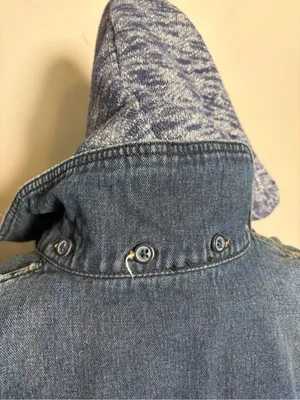 Free People Distressed Denim Jean Jacket W/ Knit Sleeves & Hood thumbnail 4