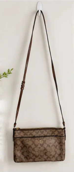 Coach‎ Signature Monogram Khaki Brown Leather Trim Crossbody Bag thumbnail 1